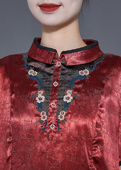 Organic Brick Red Mandarin Collar Embroideried Silk Vacation Dresses Summer LY5556 - fabuloryshop