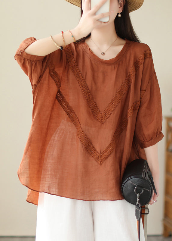 Organic Brick Red Oversized Lace Patchwork Linen Top Summer Ada Fashion