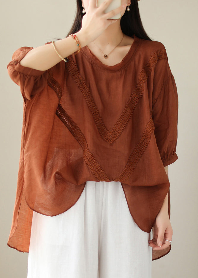 Organic Brick Red Oversized Lace Patchwork Linen Top Summer Ada Fashion