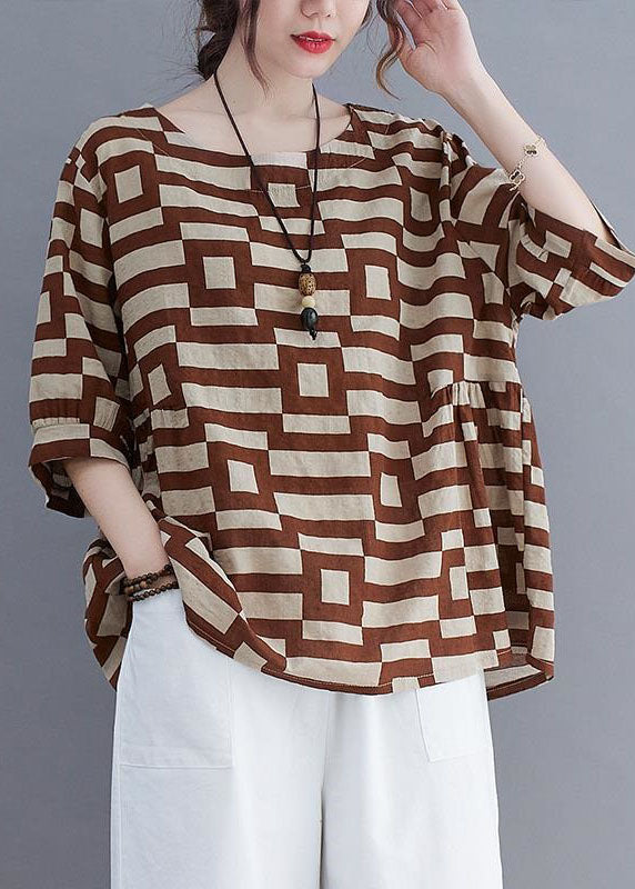 Organic Coffee O-Neck Print Patchwork Cotton T Shirt Summer LY4031 - fabuloryshop