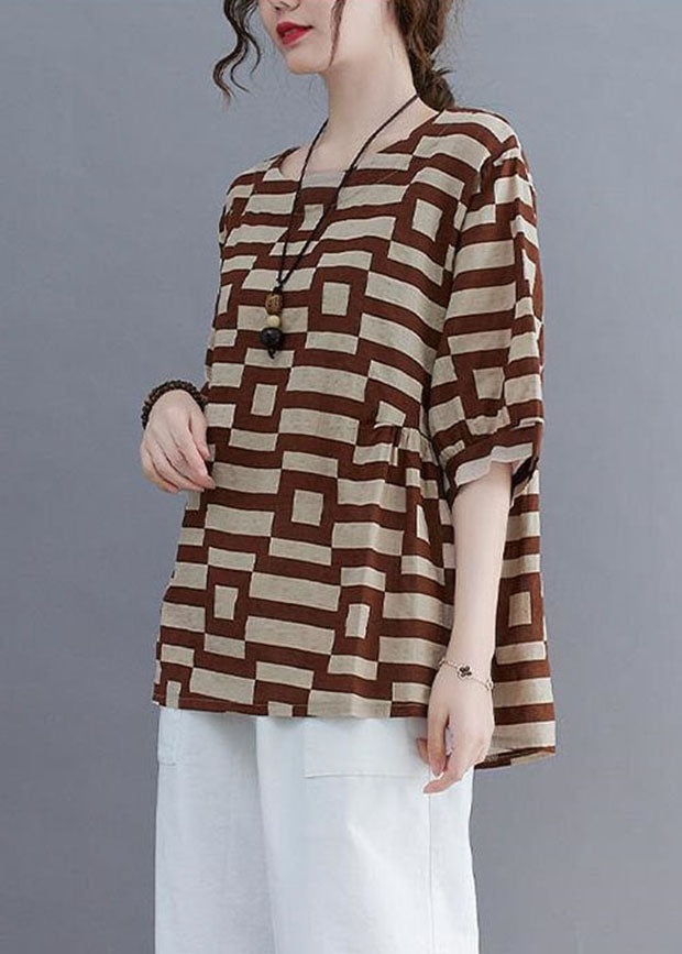 Organic Coffee O-Neck Print Patchwork Cotton T Shirt Summer LY4031 - fabuloryshop