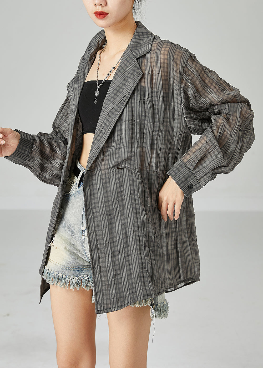 Organic Dark Grey Oversized Striped Wrinkled Linen Shirt Tops Spring LY2442 - fabuloryshop