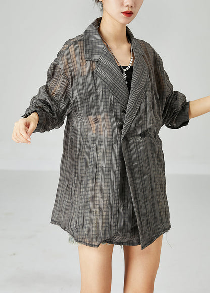 Organic Dark Grey Oversized Striped Wrinkled Linen Shirt Tops Spring LY2442 - fabuloryshop