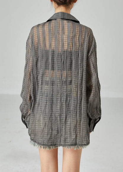 Organic Dark Grey Oversized Striped Wrinkled Linen Shirt Tops Spring LY2442 - fabuloryshop