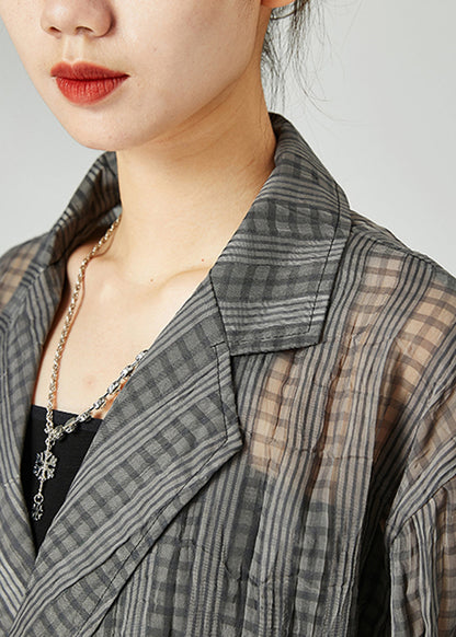 Organic Dark Grey Oversized Striped Wrinkled Linen Shirt Tops Spring LY2442 - fabuloryshop