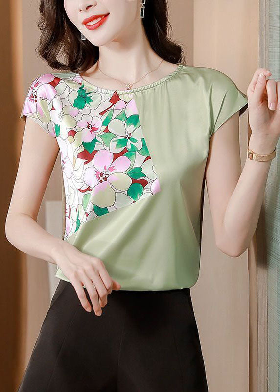 Organic Green O-Neck Patchwork Print Silk Top Summer LY0046 - fabuloryshop