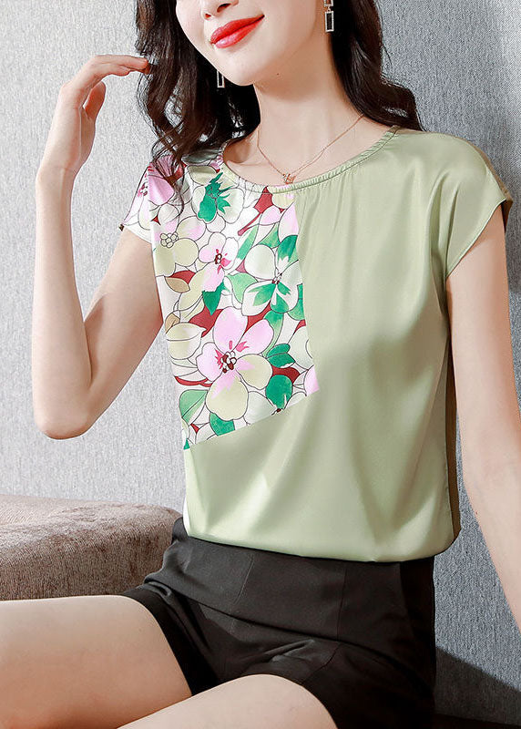 Organic Green O-Neck Patchwork Print Silk Top Summer LY0046 - fabuloryshop