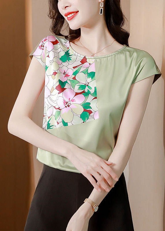 Organic Green O-Neck Patchwork Print Silk Top Summer LY0046 - fabuloryshop