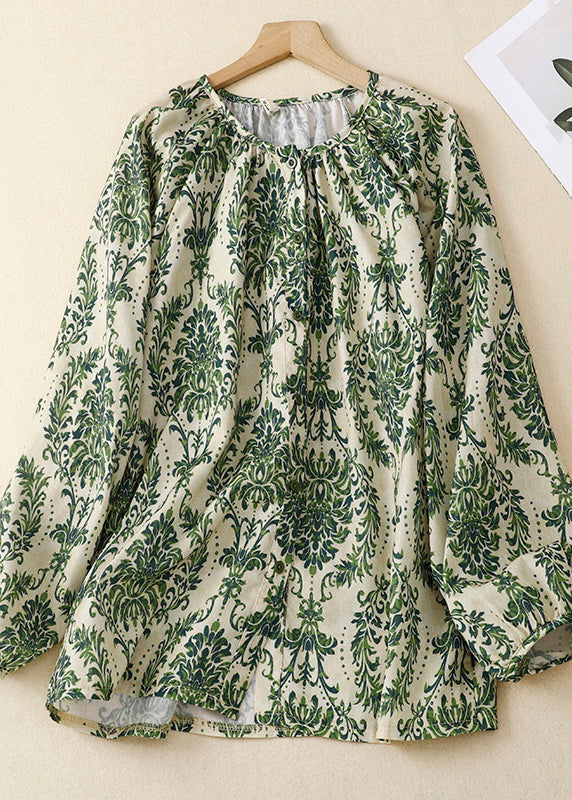 Organic Green O-Neck Print Chiffon Top Summer LY4513 - fabuloryshop