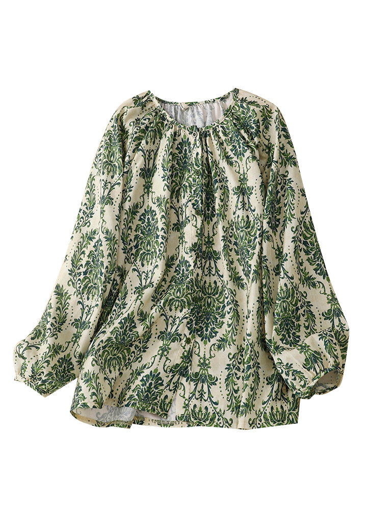 Organic Green O-Neck Print Chiffon Top Summer LY4513 - fabuloryshop