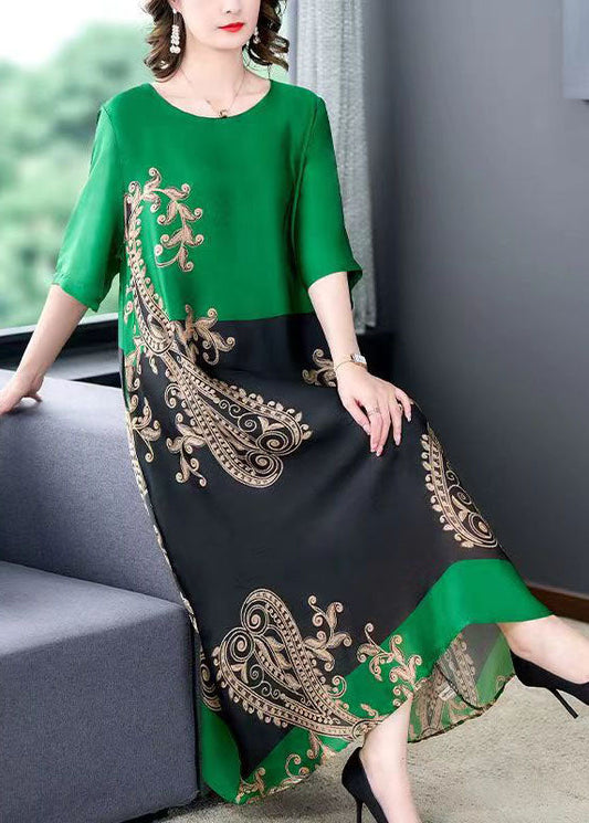 Organic Green O Neck Print Pockets Patchwork Silk Long Dresses Summer LY5897 - fabuloryshop