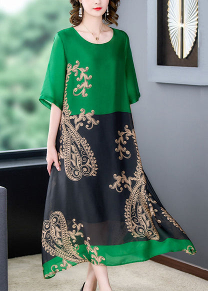 Organic Green O Neck Print Pockets Patchwork Silk Long Dresses Summer LY5897 - fabuloryshop