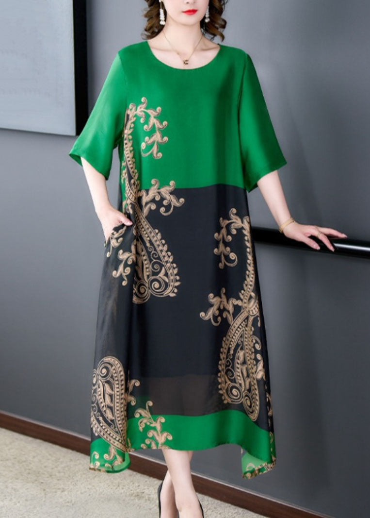 Organic Green O Neck Print Pockets Patchwork Silk Long Dresses Summer LY5897 - fabuloryshop