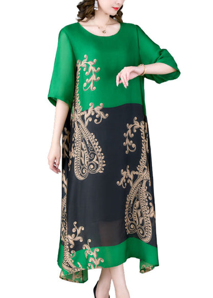 Organic Green O Neck Print Pockets Patchwork Silk Long Dresses Summer LY5897 - fabuloryshop