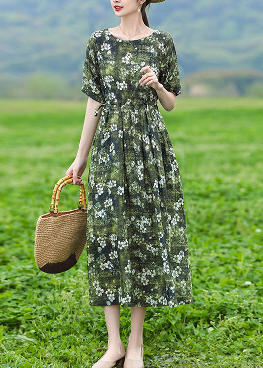 Organic Green O-Neck Print Slim Tie Waist Linen Maxi Dresses Short Sleeve LY1740 - fabuloryshop