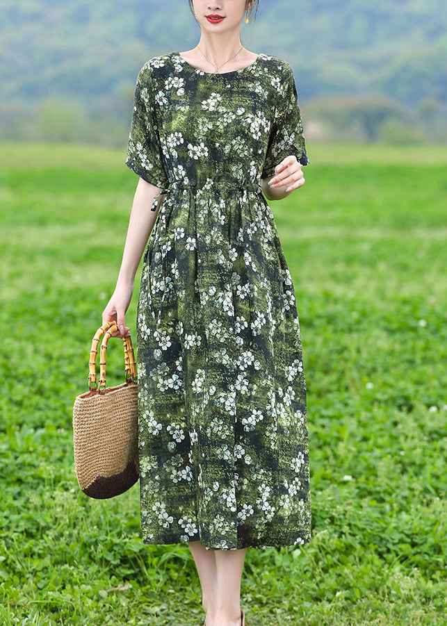 Organic Green O-Neck Print Slim Tie Waist Linen Maxi Dresses Short Sleeve LY1740 - fabuloryshop