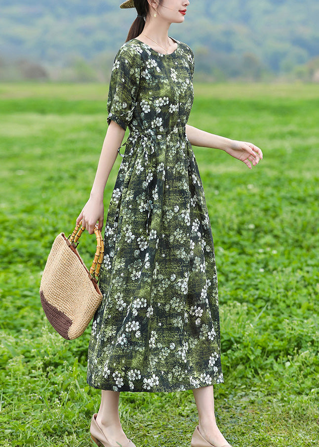 Organic Green O-Neck Print Slim Tie Waist Linen Maxi Dresses Short Sleeve LY1740 - fabuloryshop