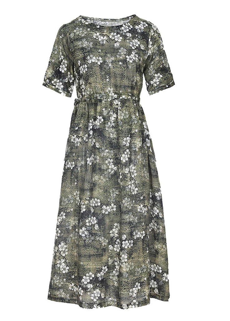 Organic Green O-Neck Print Slim Tie Waist Linen Maxi Dresses Short Sleeve LY1740 - fabuloryshop