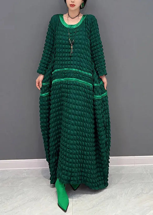 Organic Green O Neck Wrinkled Patchwork Cotton Long Dress Fall Ada Fashion