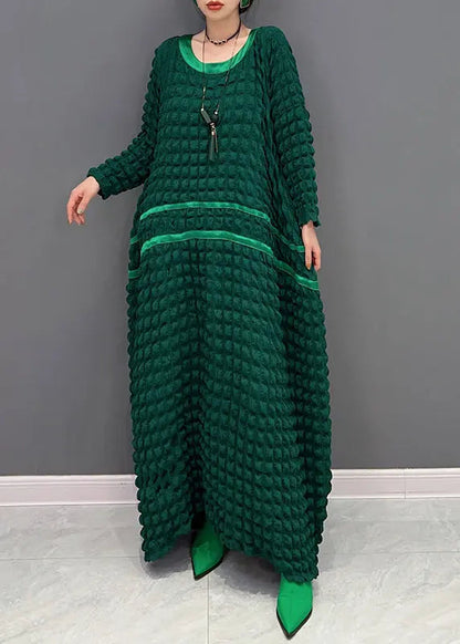 Organic Green O Neck Wrinkled Patchwork Cotton Long Dress Fall Ada Fashion