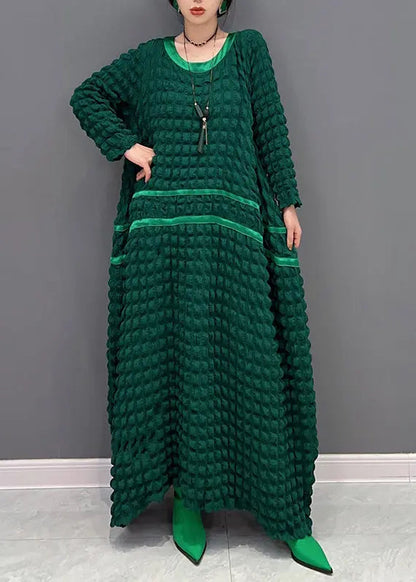 Organic Green O Neck Wrinkled Patchwork Cotton Long Dress Fall Ada Fashion