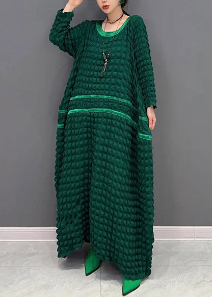 Organic Green O Neck Wrinkled Patchwork Cotton Long Dress Fall Ada Fashion