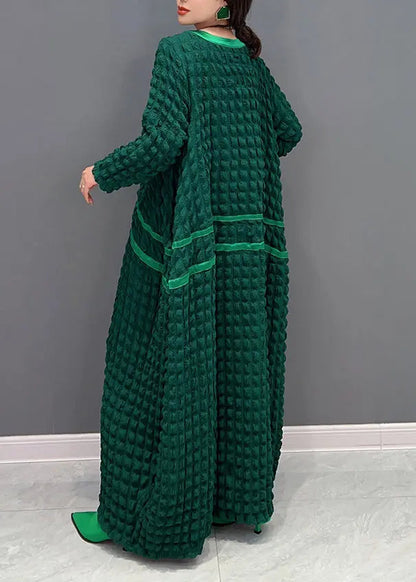 Organic Green O Neck Wrinkled Patchwork Cotton Long Dress Fall Ada Fashion