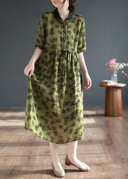 Organic Green Peter Pan Collar Print Button Long Dresses Short Sleeve LY3996 - fabuloryshop