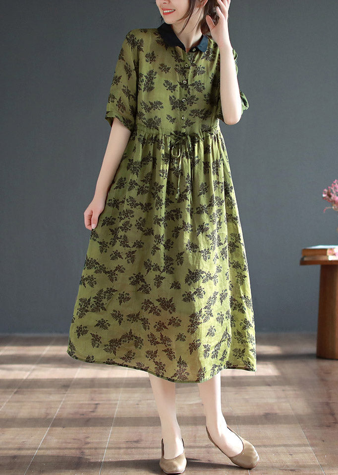 Organic Green Peter Pan Collar Print Button Long Dresses Short Sleeve LY3996 - fabuloryshop