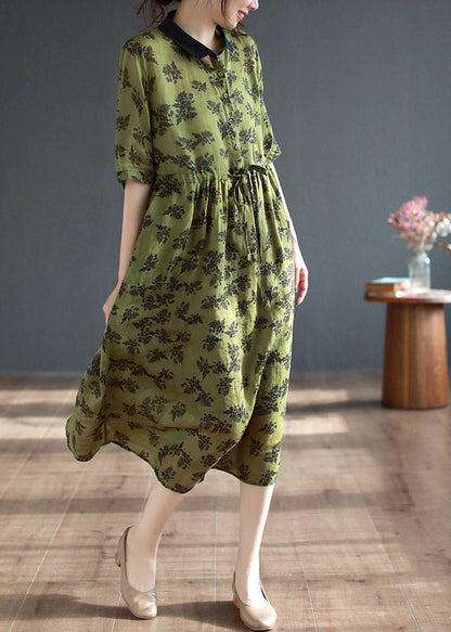 Organic Green Peter Pan Collar Print Button Long Dresses Short Sleeve LY3996 - fabuloryshop