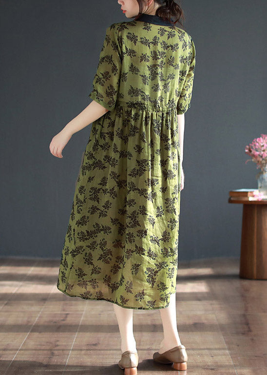 Organic Green Peter Pan Collar Print Button Long Dresses Short Sleeve LY3996 - fabuloryshop