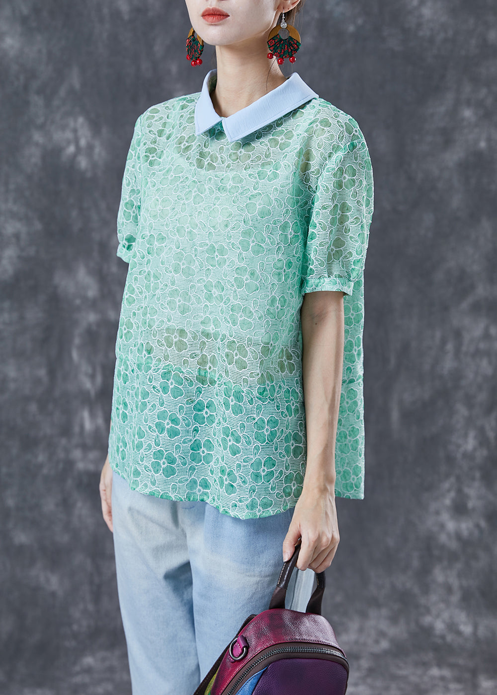 Organic Green Peter Pan Collar Print Cotton Top Summer LY4068 - fabuloryshop