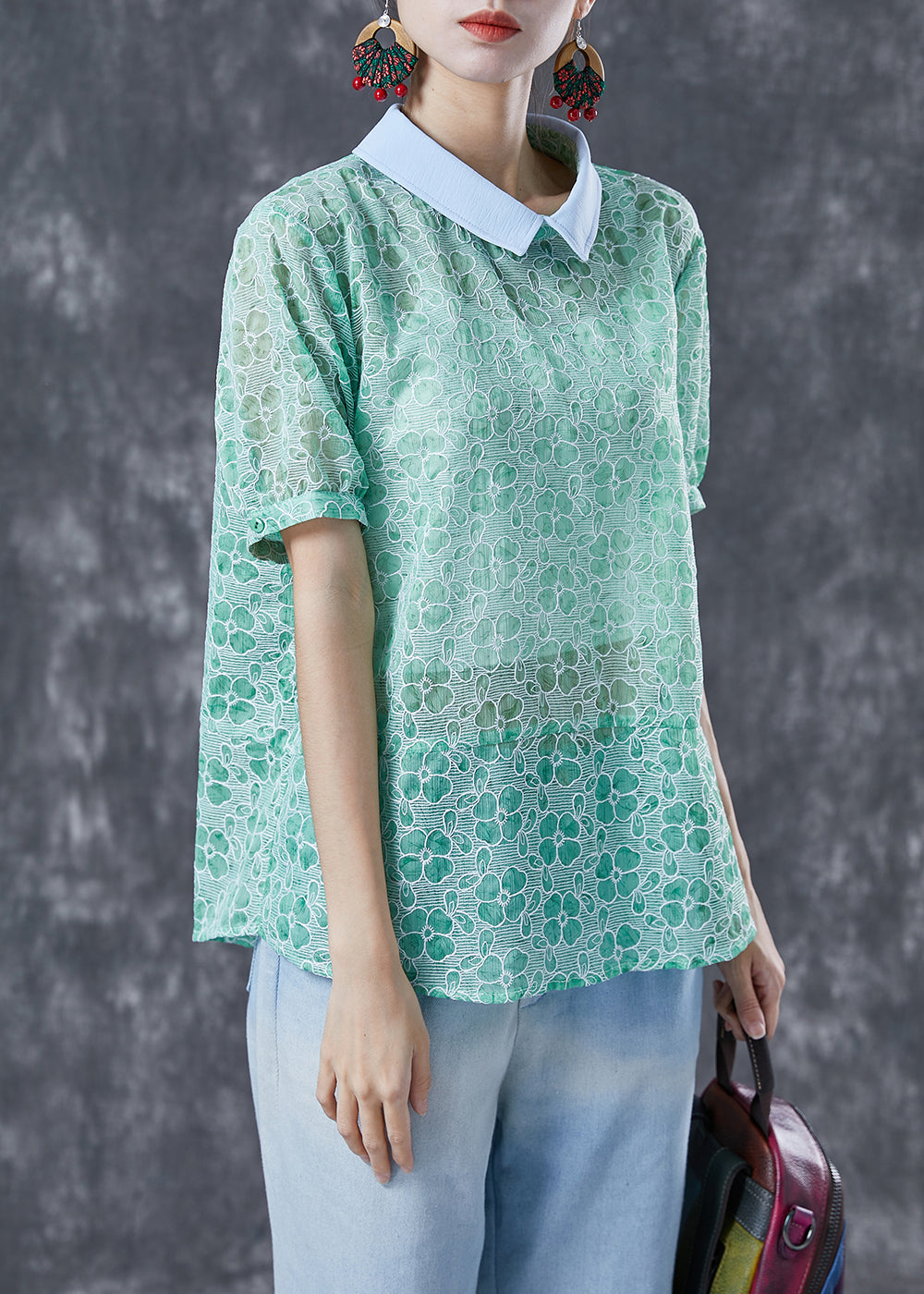 Organic Green Peter Pan Collar Print Cotton Top Summer LY4068 - fabuloryshop