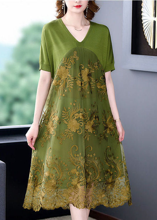 Organic Green V Neck Embroideried Patchwork Tulle Dress Summer LY4612 - fabuloryshop