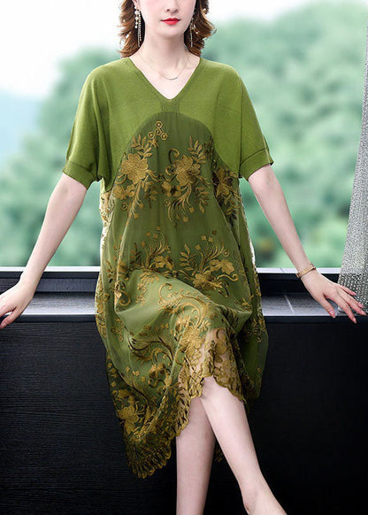 Organic Green V Neck Embroideried Patchwork Tulle Dress Summer LY4612 - fabuloryshop