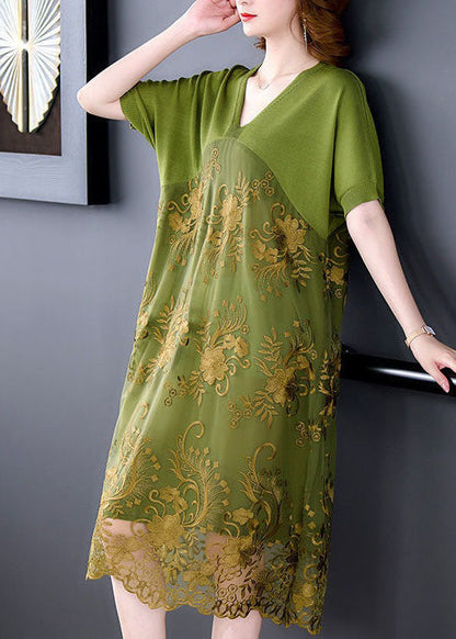 Organic Green V Neck Embroideried Patchwork Tulle Dress Summer LY4612 - fabuloryshop