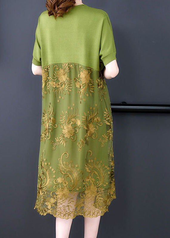 Organic Green V Neck Embroideried Patchwork Tulle Dress Summer LY4612 - fabuloryshop