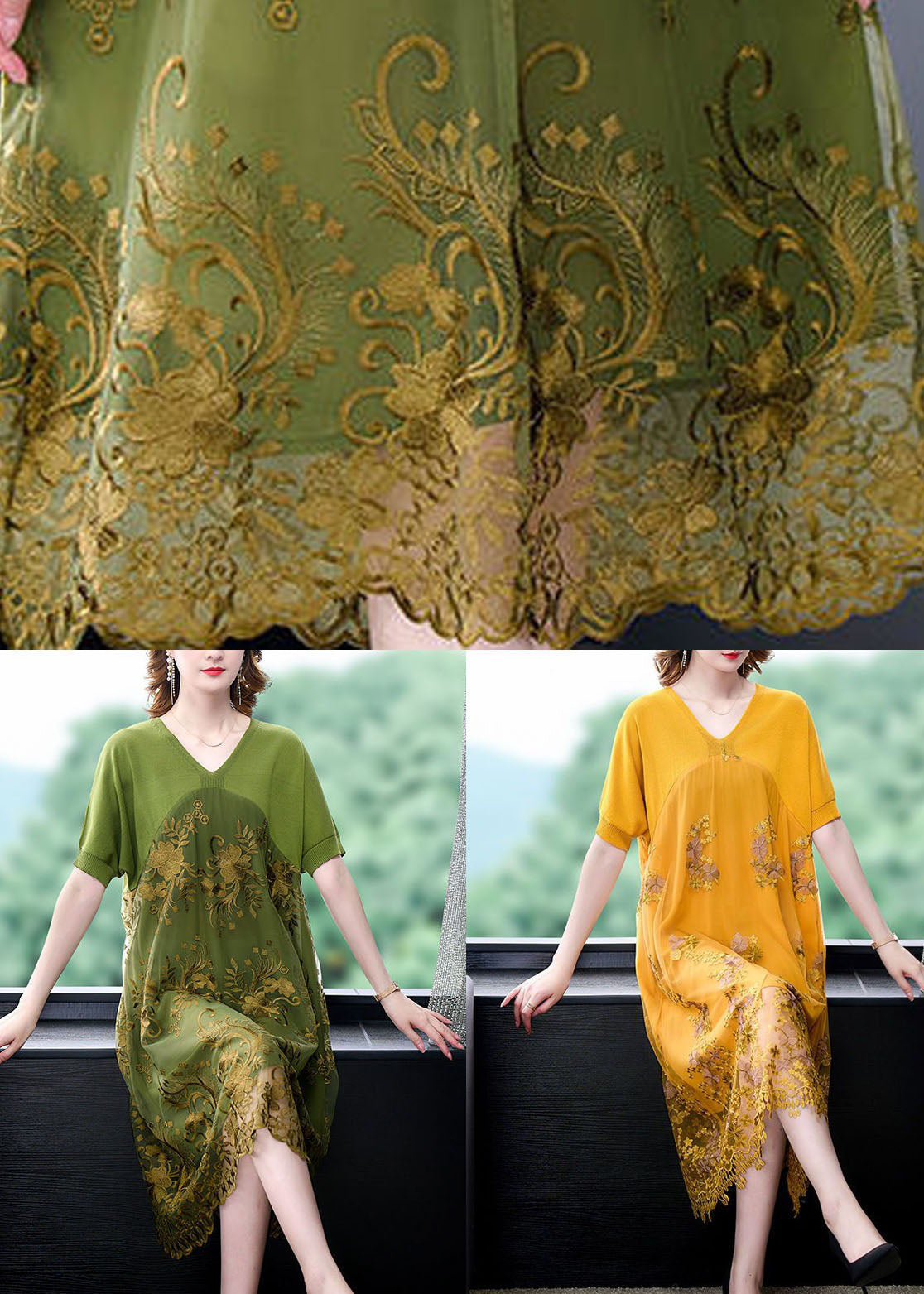 Organic Green V Neck Embroideried Patchwork Tulle Dress Summer LY4612 - fabuloryshop