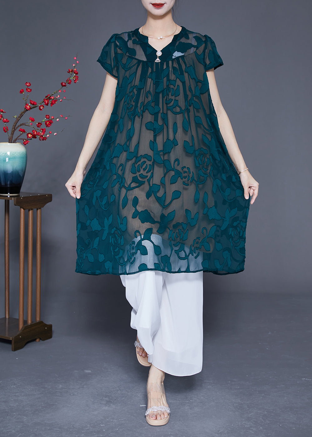 Organic Green V Neck Embroideried Tulle Dress Summer LY2880 - fabuloryshop