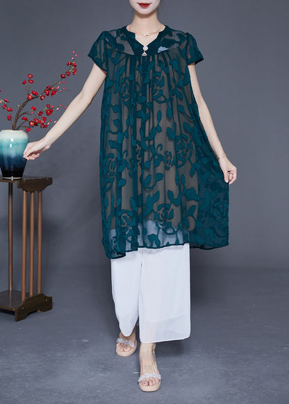 Organic Green V Neck Embroideried Tulle Dress Summer LY2880 - fabuloryshop