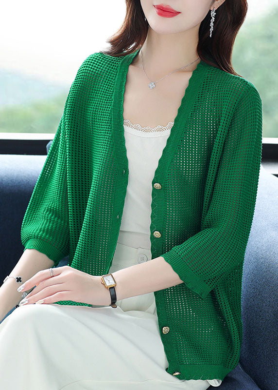 Organic Green V Neck Hollow Out Patchwork Knit Cardigan Summer Ada Fashion