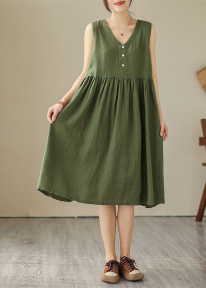 Organic Green V Neck Patchwork Wrinkled Solid Cotton Long Dress Summer LY4436 - fabuloryshop