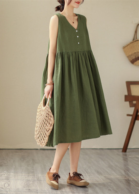 Organic Green V Neck Patchwork Wrinkled Solid Cotton Long Dress Summer LY4436 - fabuloryshop