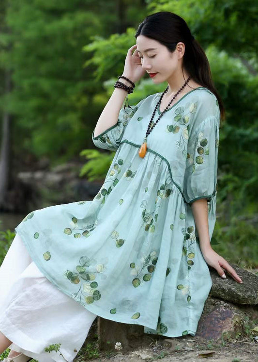 Organic Green V Neck Print Patchwork Linen Dresses Summer LY2538 - fabuloryshop