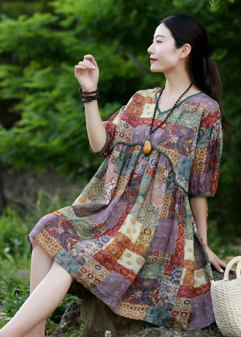 Organic Green V Neck Print Patchwork Linen Dresses Summer LY2538