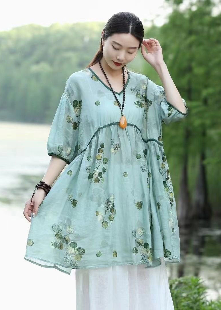 Organic Green V Neck Print Patchwork Linen Dresses Summer LY2538 - fabuloryshop