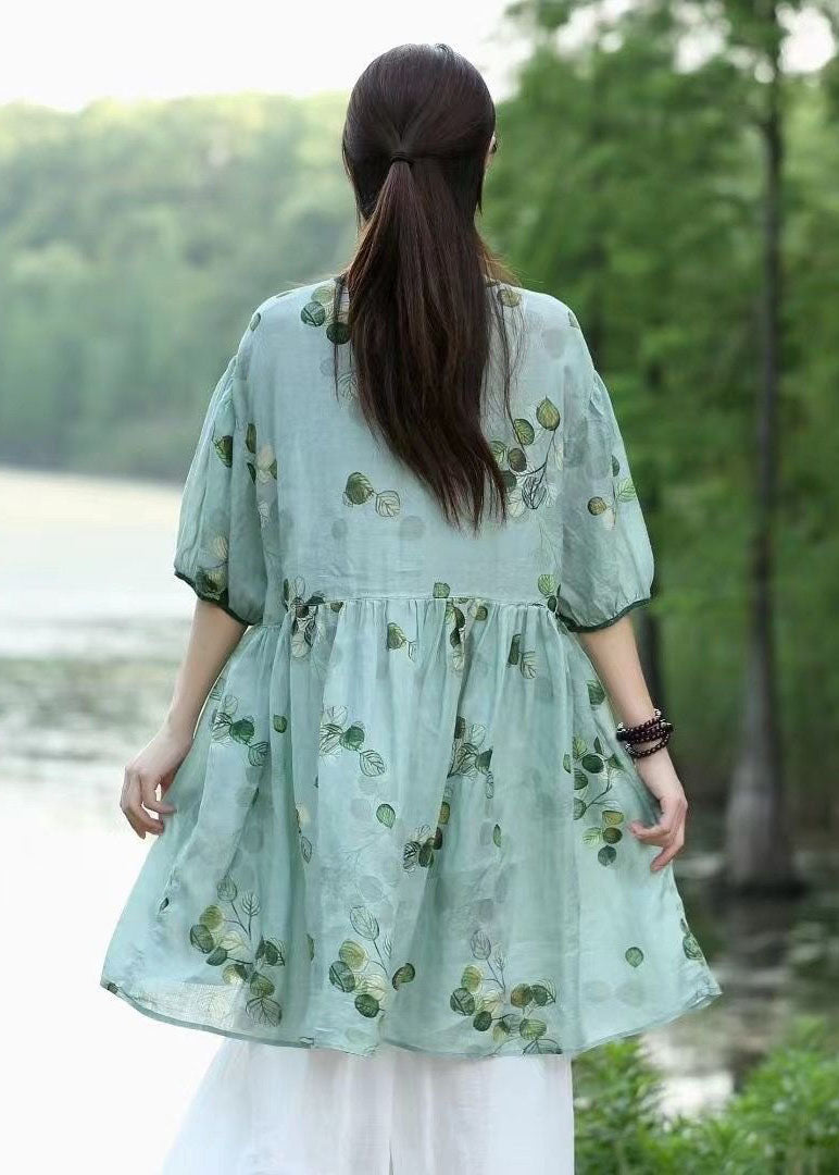 Organic Green V Neck Print Patchwork Linen Dresses Summer LY2538 - fabuloryshop