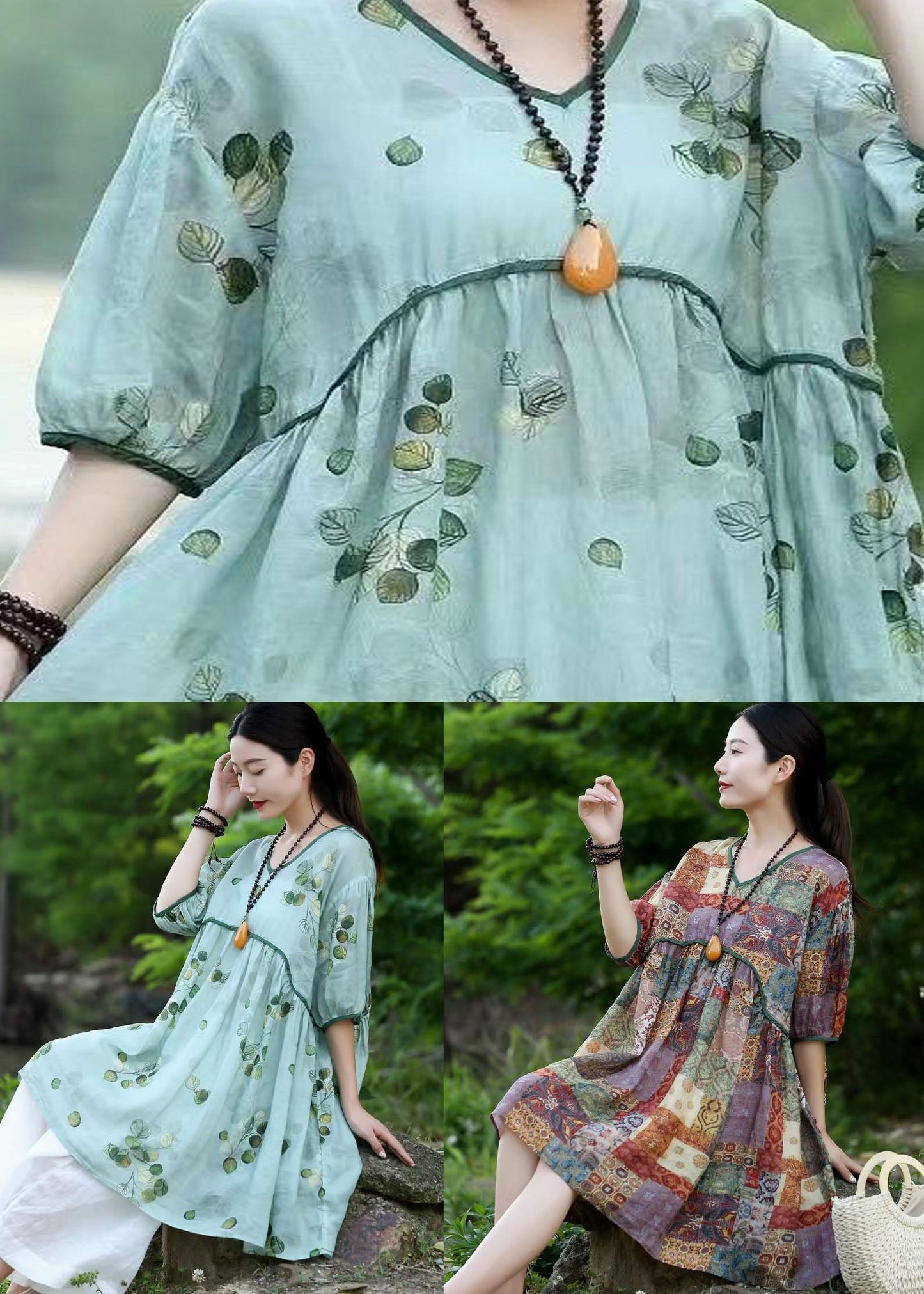 Organic Green V Neck Print Patchwork Linen Dresses Summer LY2538