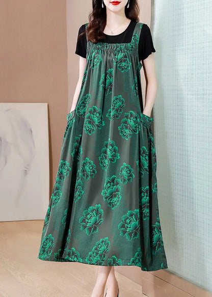 Organic Green Wrinkled Pockets Print Spaghetti Strap Dress Two Pieces Set Summer Ada Fashion