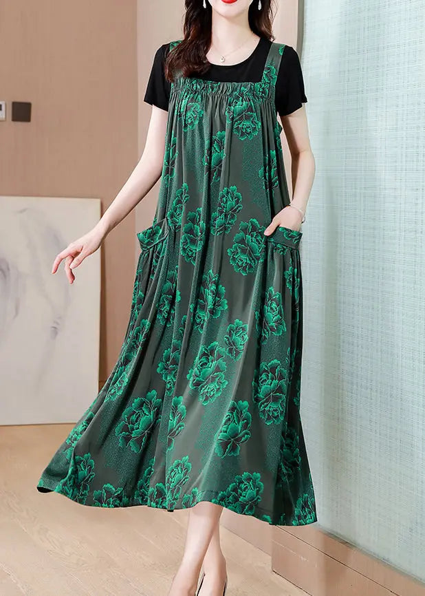 Organic Green Wrinkled Pockets Print Spaghetti Strap Dress Two Pieces Set Summer Ada Fashion